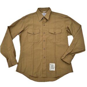 DSCP Poly Wool Blend Khaki Button Down Shirt Mens Size 17x37 Long Sleeves